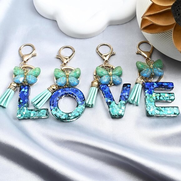 🆕 Women Blue Initial letter Keychains Tassel Butterfly Cute Car Wallet Backpack - Picture 4 of 6